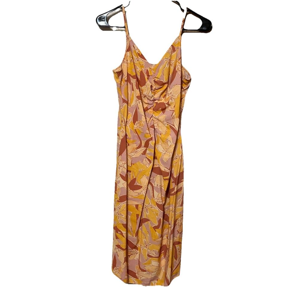 NINE WEST Women's Size M Strappy Ruched Midi Yellow Floral Summer Dress
